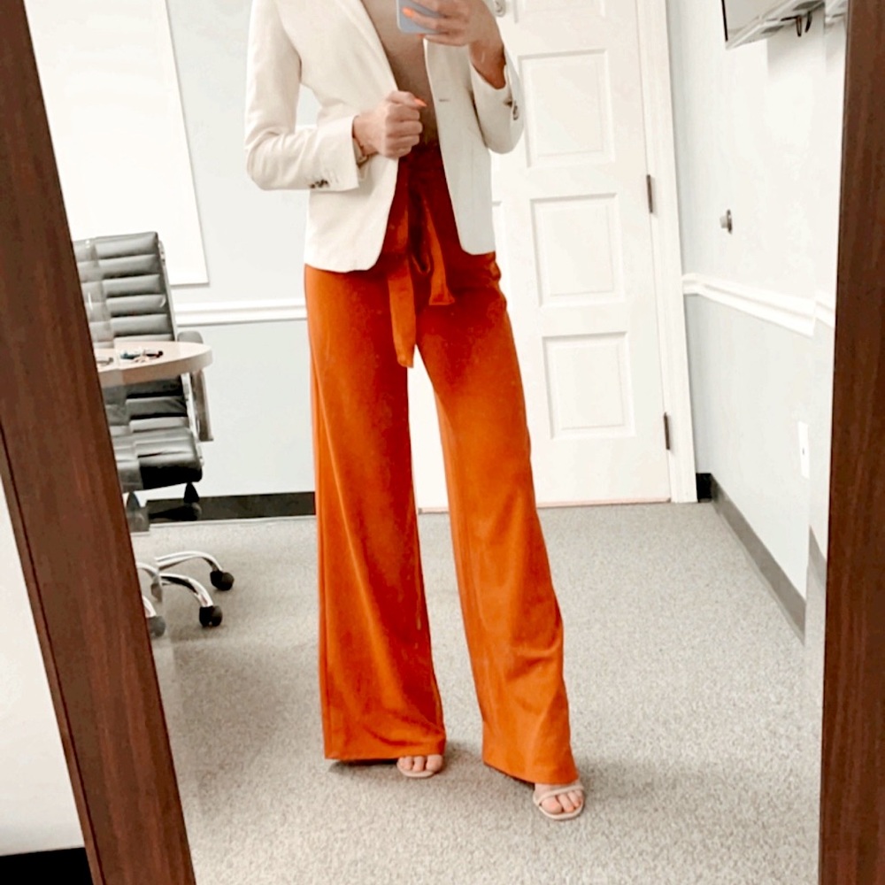 Burnt orange high waisted tie flare leg pants